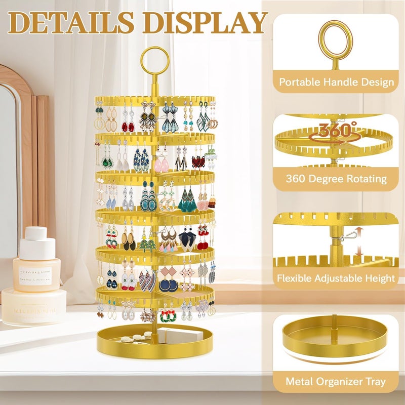 MODOWEY 6 Tier Rotating Earring Holder Organizer Display Tree with Metal Tray, Adjustable Plastic Stand with 342 Slots for Stud Hoop Hanger, Large Capacity Storage Rack for Women Space-Saving, Gold - Image 3